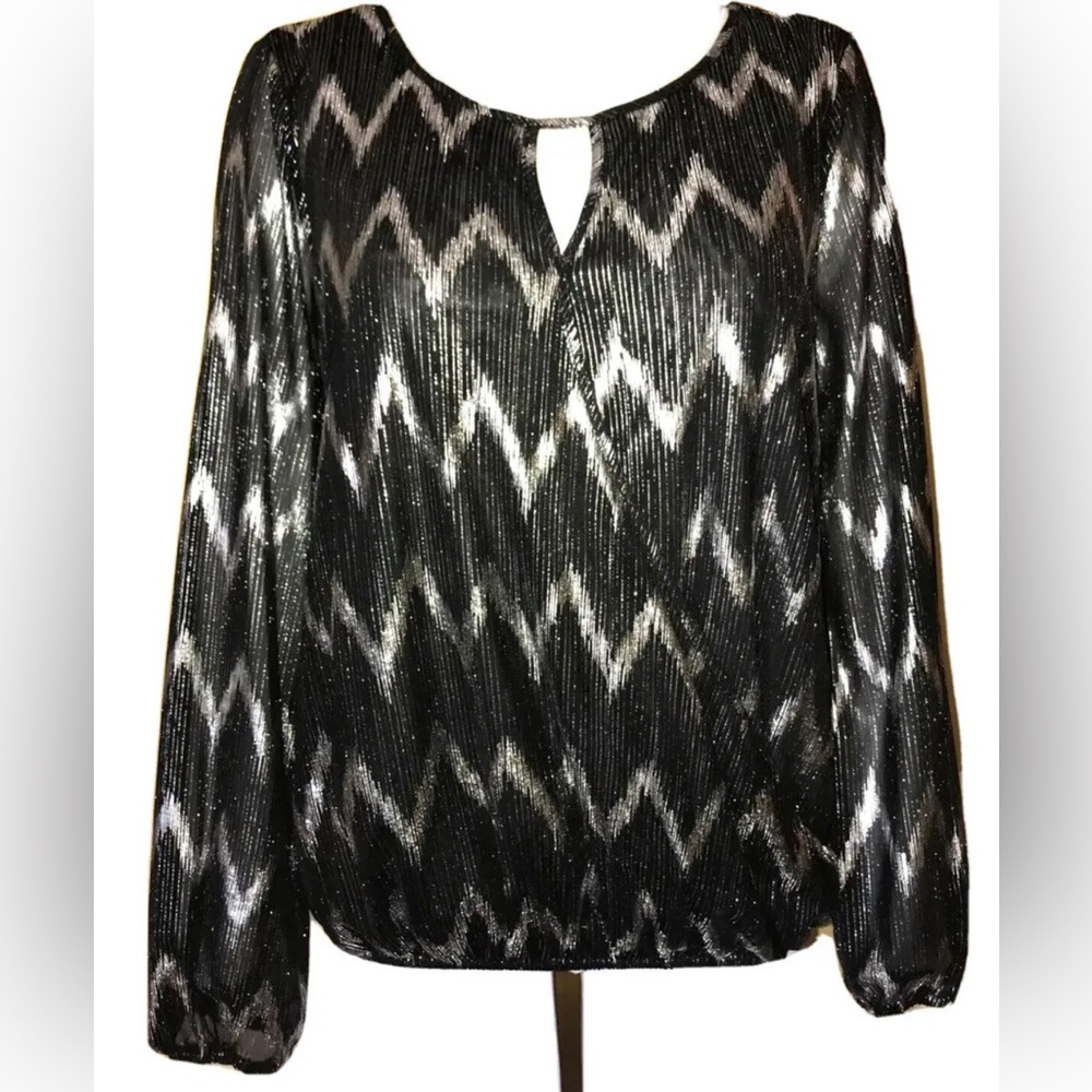 Skies Are Blue Anthro Black Metallic Silver Semi Sheer Wrap Cross Front Blouse